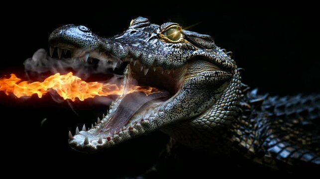 a beautiful fiery crocodile with a black background. seamless looping time-lapse virtual 4k video Animation Background.