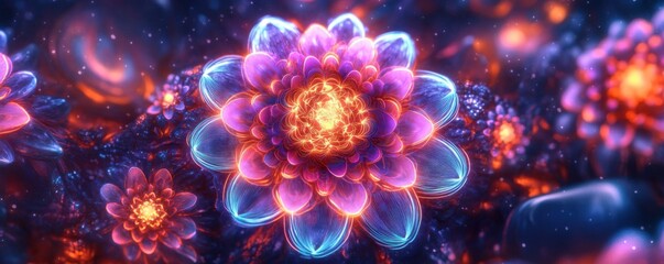Neon Outlined Digital Floral Mandala in Abstract Virtual Space