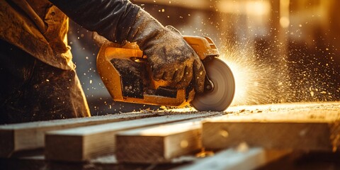 Close-up of a construction worker using an angle grinder on a wooden plank, with sparks flying.