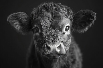black and white close-up portrait of a highland calf looking directly at the camera