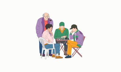 Group of people playing chess outdoors in a casual setting.