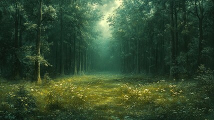 Obraz premium Lush forest scene with soft light illuminating a meadow path.