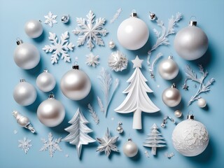 abstract Christmas elegant composition. Xmas silver and white decorations on pastel blue background