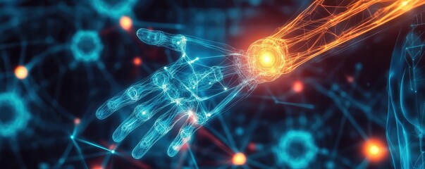 A futuristic depiction of a hand reaching out with digital energy, representing the fusion of technology and humanity.