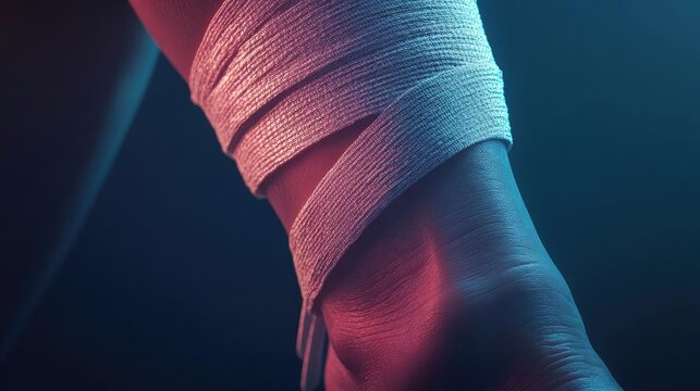 Close-up of a bandaged ankle showcasing medical care and attention to injury recovery in a dramatic lighting setup.