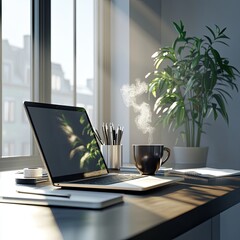Bright and Cozy Workspace with Laptop and Coffee
