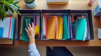 Employee skillfully organizing a clutter-free desk with digital and physical files, highlighting organizational skills, office management, productivity skills