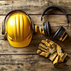 Safety Gear Set: Yellow Hard Hat, Ear Protection, and Gloves