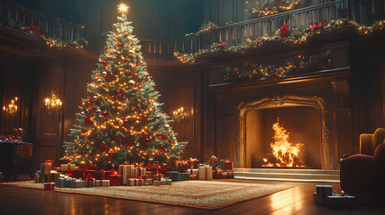 christmas tree with fireplace, generative a.i.