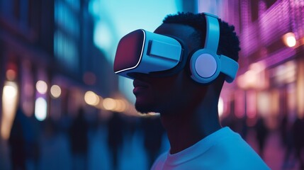 Man with headset endorsing a tech gadget, product endorsement, technology focus