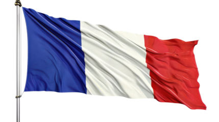 Waving French flag on a flagpole on transparent  background