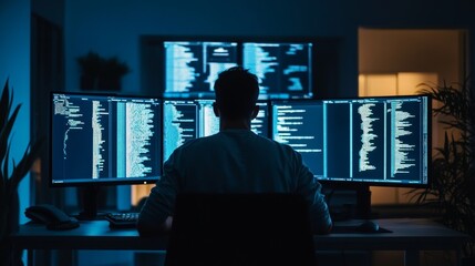 Night shift worker in a tech company, multiple screens displaying code, work environment, dedication and focus