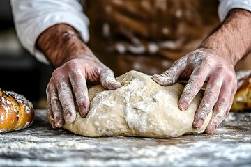 Fototapeta premium Professional Baker Kneading Dough with Strong Skilled Hands,Carefully Preparing Delicious Freshly Baked Homemade Bread in a Bakery Kitchen