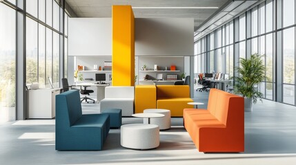 Open-concept office with modular furniture and collaborative zones, highlighting innovative workspace design, modern office workspace