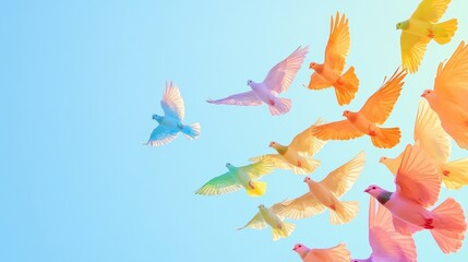 Fototapeta premium Rainbow-colored doves flying in a clear sky, harmony, peace and freedom