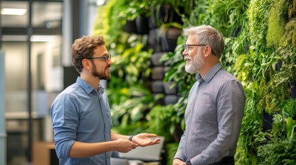 Fototapeta premium Senior manager mentoring a young employee in a vibrant open office with green walls, fostering growth in the workplace, work environment, professional development