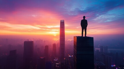 Silhouetted figure standing at the top of a corporate skyscraper at sunset, symbolizing career peak and leadership