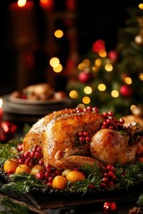 A large turkey is covered in berries and sits on a plate