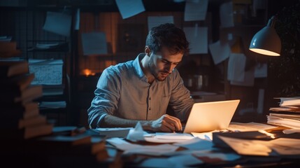 Fototapeta premium Startup founder working late in a dimly lit office, papers scattered around, job, entrepreneurial work ethic