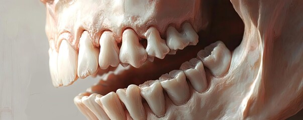 Obraz premium Detailed close-up of a human skull, highlighting the intricate structure of teeth and jaw. Perfect for educational and artistic projects.