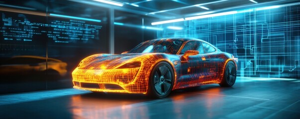Obraz premium Innovative Startup Scene with Autonomous Vehicles Surrounded by Digital Blueprints and Tech Panels