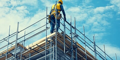 Construction worker in yellow vest and helmet standing on scaffolding, looking at the blue sky with clouds.