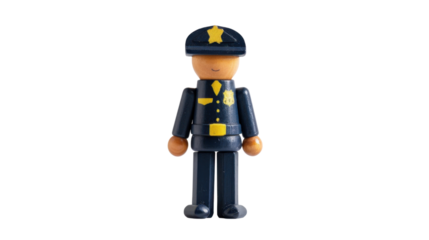 Toy wooden policeman with a helmet on transparent background