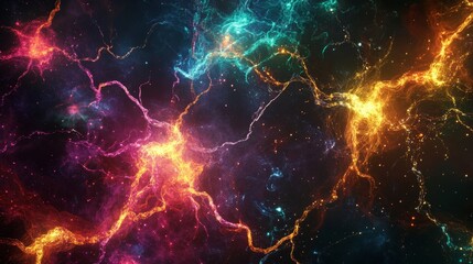 Fototapeta premium Abstract depiction of neural connections in a brain, glowing with electric energy, symbolizing cognitive unity, Abstract, Digital art, vibrant colors, high contrast