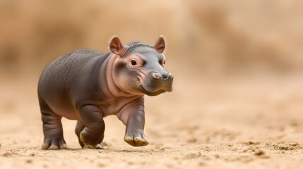 Fototapeta premium MooDang -Joyful Young Hippo Calf Exploring Zoo Habitat - Playful 2-Month-Old Hippo with Soft Skin Takes Innocent Steps Through Natural Environment