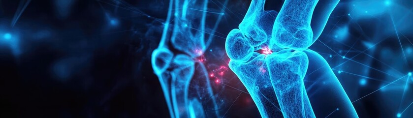 Fototapeta premium Illustration of human knee joint with digital effects, highlighting anatomy and technology in healthcare. Perfect for medical projects.