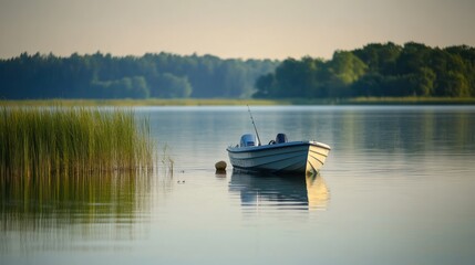 Fototapeta premium A serene boat anchored in calm waters surrounded by lush greenery.