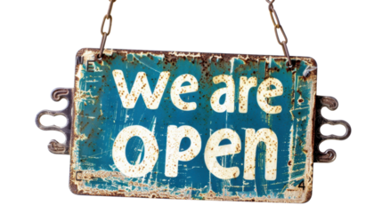 Text we are open sign hanging on transparent background
