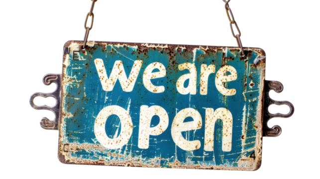 Text we are open sign hanging on transparent background