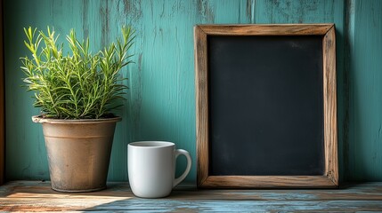 A cozy and simple scene with a wooden-framed chalkboard, a white coffee cup, and a green plant on a wooden table. Perfect for illustrating home decor, workspaces, and and creativity.
