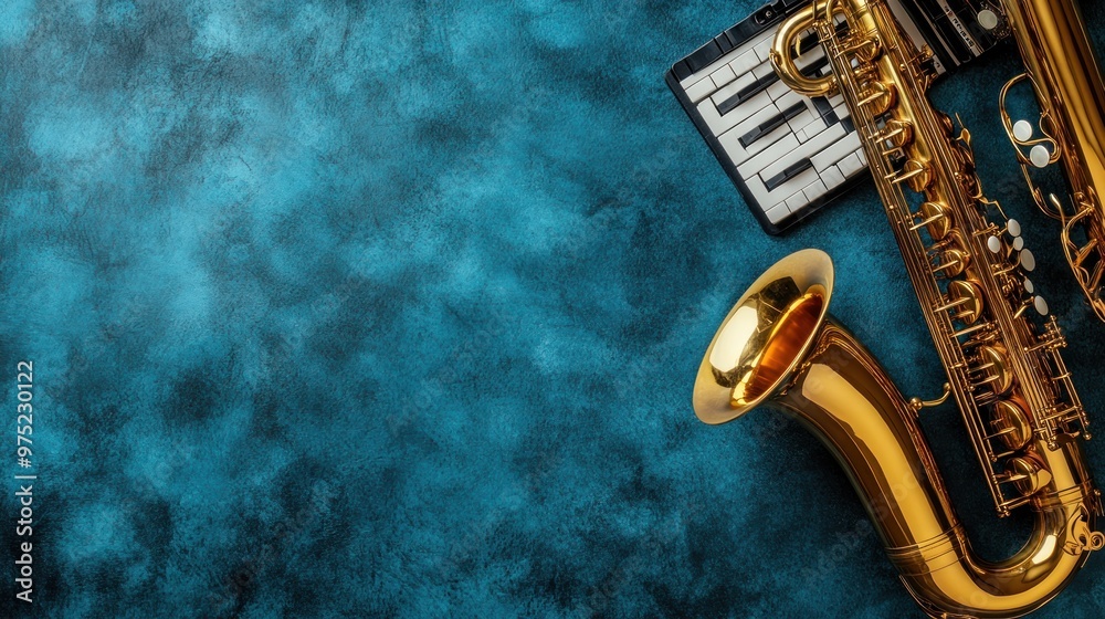 Poster A vibrant blue background with a saxophone and a keyboard, suggesting musical themes.