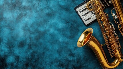 Naklejka premium A vibrant blue background with a saxophone and a keyboard, suggesting musical themes.