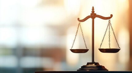 image features classic balance scale symbolizing justice and law, set against softly blurred background. This representation evokes sense of fairness and legal integrity