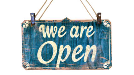 Text we are open sign hanging on transparent background