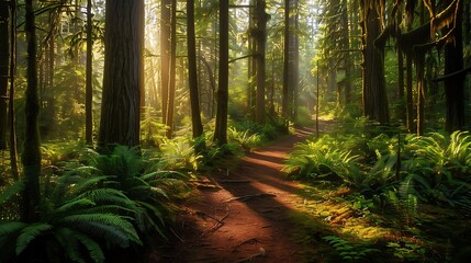 Obraz premium Sunlit path winds through a lush, mossy forest, with ferns and tall trees on both sides.