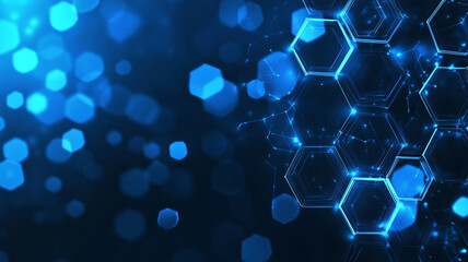 Abstract blue hexagonal digital illustration with glowing elements on a dark background