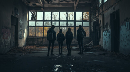 Group of teenagers standing in an abandoned building, moody urban exploration