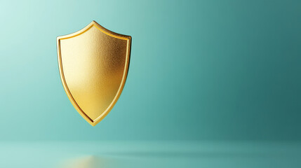A minimalist gold shield representing protection and security stands out against soft turquoise background, evoking sense of safety and assurance