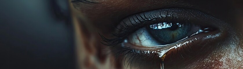 Naklejka premium A close-up of a tear rolling down a person's eye, capturing deep emotion and vulnerability in a striking and poignant manner.