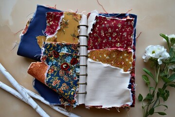 Fototapeta premium Premium Quality Vintage Journal with Torn Fabric Patchwork Design