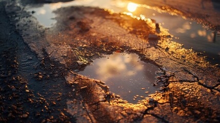 Fototapeta premium Illuminated oil slick on asphalt in a water accumulation