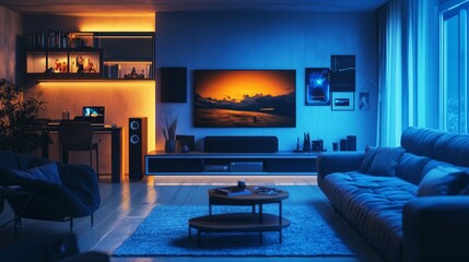 A stylish living room setup for trendy entertainment, with the latest tech gadgets and streaming services