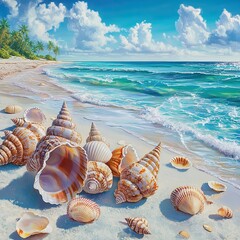 "Beautiful Seashells on a Tropical Beach Shoreline"