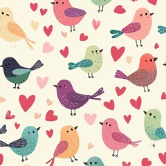 Cute Colorful Birds and Hearts Pattern