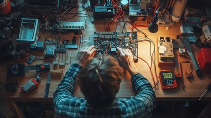 15. A scene of a DIY electrical project, with a person carefully wiring a new light fixture, surrounded by tools like wire cutters, electrical tape, and a voltage meter.