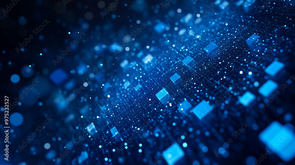 Poster abstract digital illustration of blue squares and particles creating a dynamic depth effect